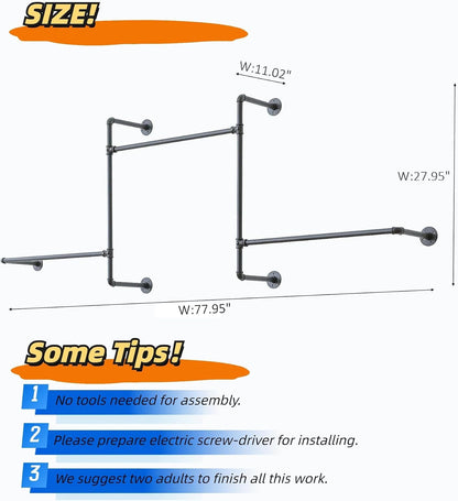 Industrial Pipe Clothing Rack, Wall Clothes Rack, Hanging Rod, Garment Rack | Pipe Clothes Rails, Multi-Purpose, Heavy Duty, Space-Saving, Clothes Bar, Organizer, Closet
