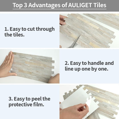 AULIGET 20 Sheets Peel and Stick Backsplash, Black & Grey Wood Look PVC Mixed Metal Stick on Backsplash Tiles for Kitchen