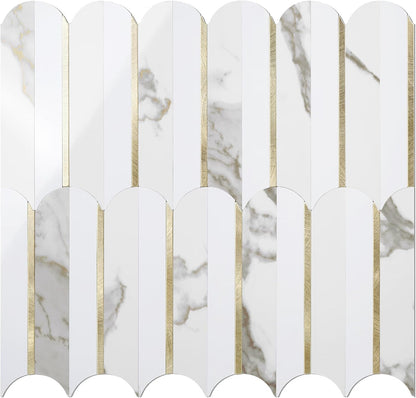 Vamos Peel and Stick Backsplash Seamless Tile for Kitchen and Bathroom,White and Beige Slate PVC Mixed Light Gold Self Adhesive Fish Scale Metal Mosaic Tiles (10 Sheets)