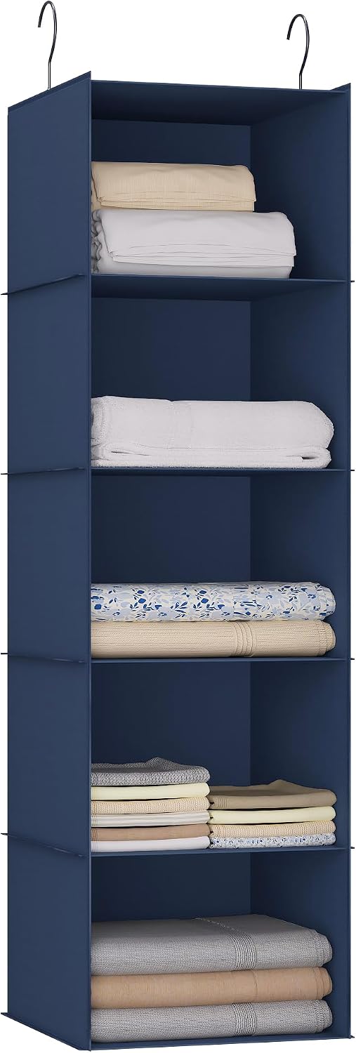 Hanging Closet Organizer 3-Shelf, Oxford Fabric Wardrobe Storage, Gray | Easy-mount foldable design holds clothes, handbags, shoes & accessories; washable Oxford fabric, sturdy and space-saving.