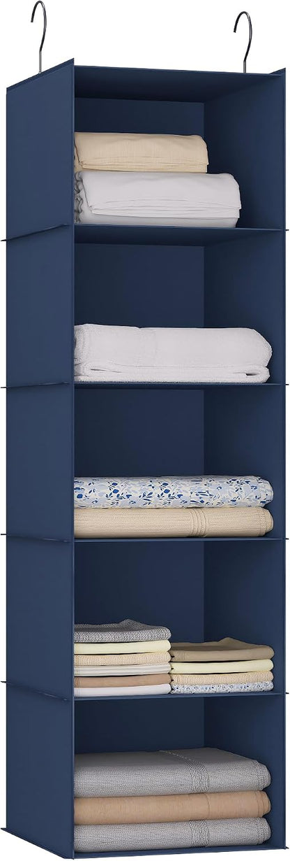 Hanging Closet Organizer 3-Shelf, Oxford Fabric Wardrobe Storage, Gray | Easy-mount foldable design holds clothes, handbags, shoes & accessories; washable Oxford fabric, sturdy and space-saving.