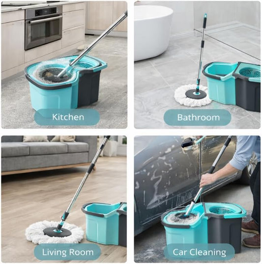 Casabella Spin Mop System with Extra Mop Head Refill - Two-Bucket Design with Splash Guard Built-in Measuring Cup and Scraper Tool with Easy Wring Pedal Spinner, 1.25-Gall (Mop)