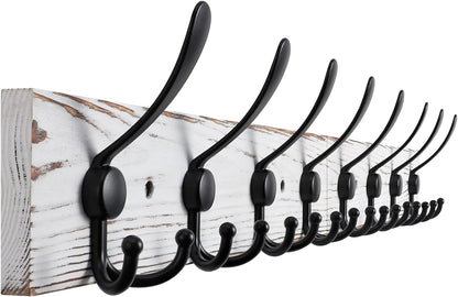 Kuhome 2pcs Coat Rack Wall Mount Wooden Hat Rack for Wall Hooks Pine Real Wood Plank 16.9" Brown Coat Hanger with 5 Triple Hooks for Hanging Coat Hat Jacket