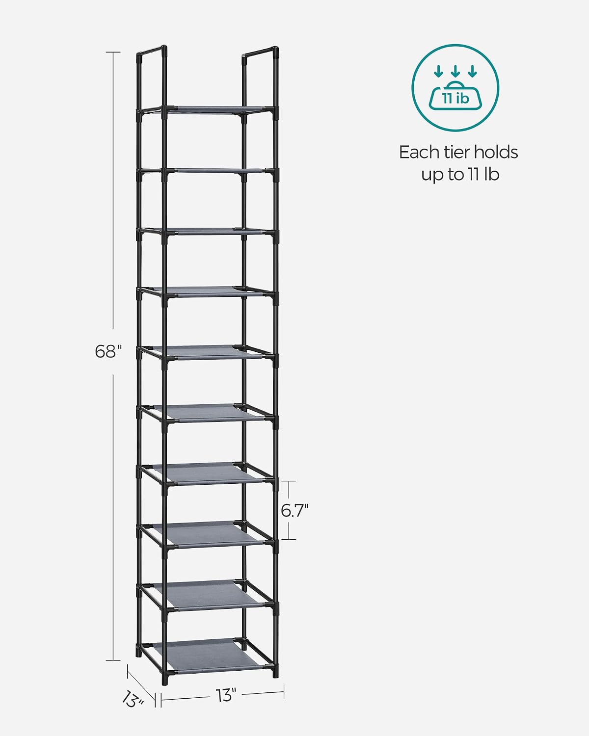 SONGMICS Shoe Rack, 10-Tier Shoe Shelf, Shoe Storage Organizer, 11 x 17.7 x 68 Inches, Metal Frame, Non-Woven Fabric Shelves, for Entryway, Bedroom, Black ULSH010B02