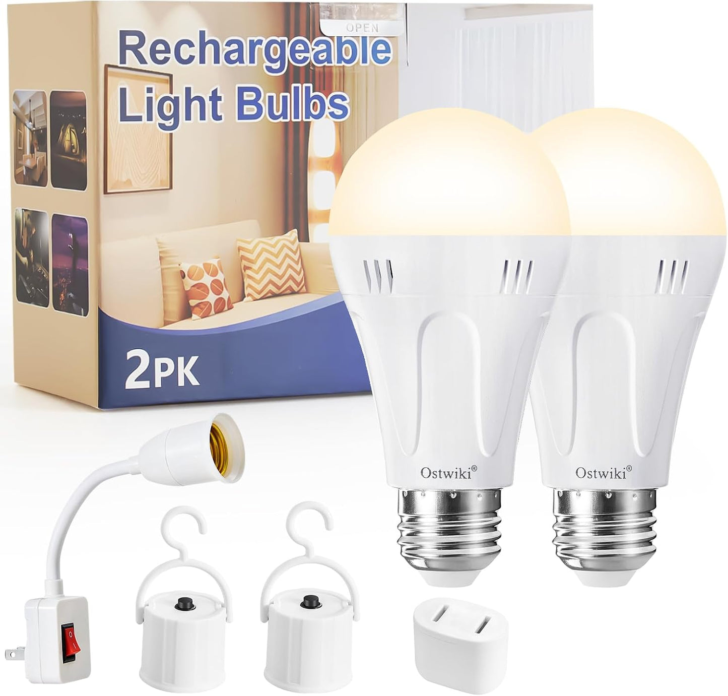 Ostwiki Rechargeable Light Bulbs,2 Pack Emergenecy Light Bulbs for Power Outage A19 E26 9W 6500K White Battery Backup Soft Light Bulb for Lamps Home Power Failure Hurricane,Blizzard
