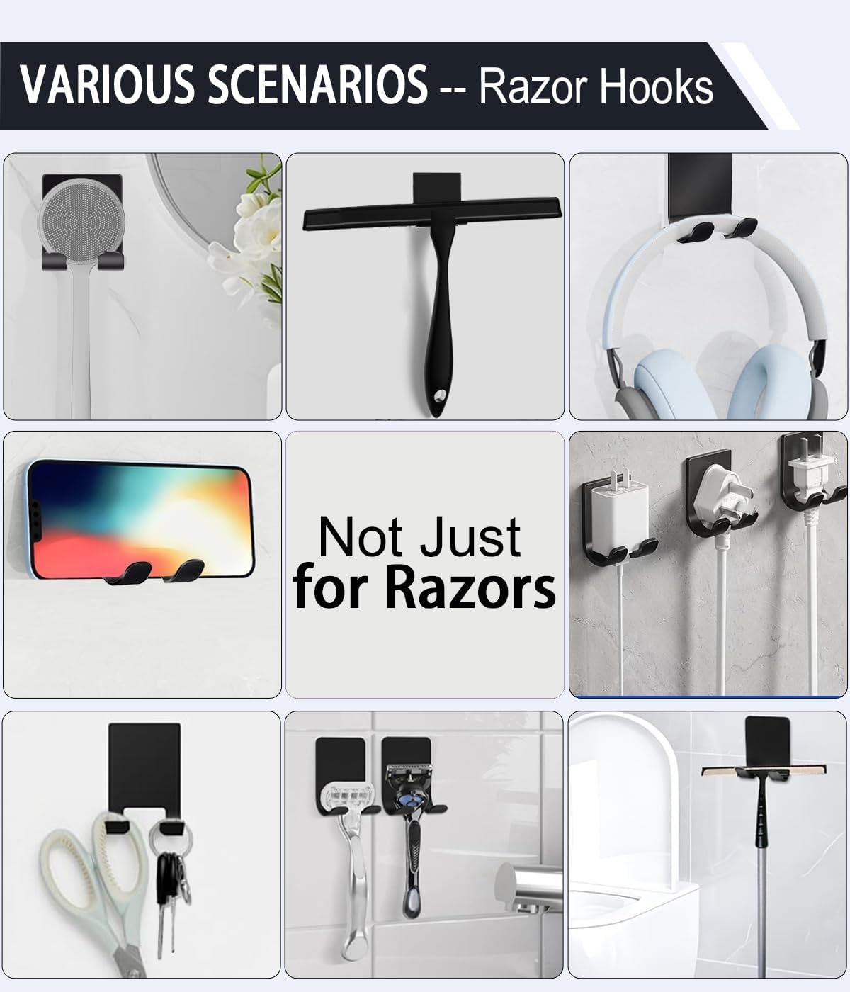 2 Razor Holder for Shower and 3 Adhesive Hooks with Removable Strips，Towel Hooks for Hanging，Wall Hooks for bathrooms，Removable Damage-Free Metal Shaver Holder，for Stockings，Decor，Robe