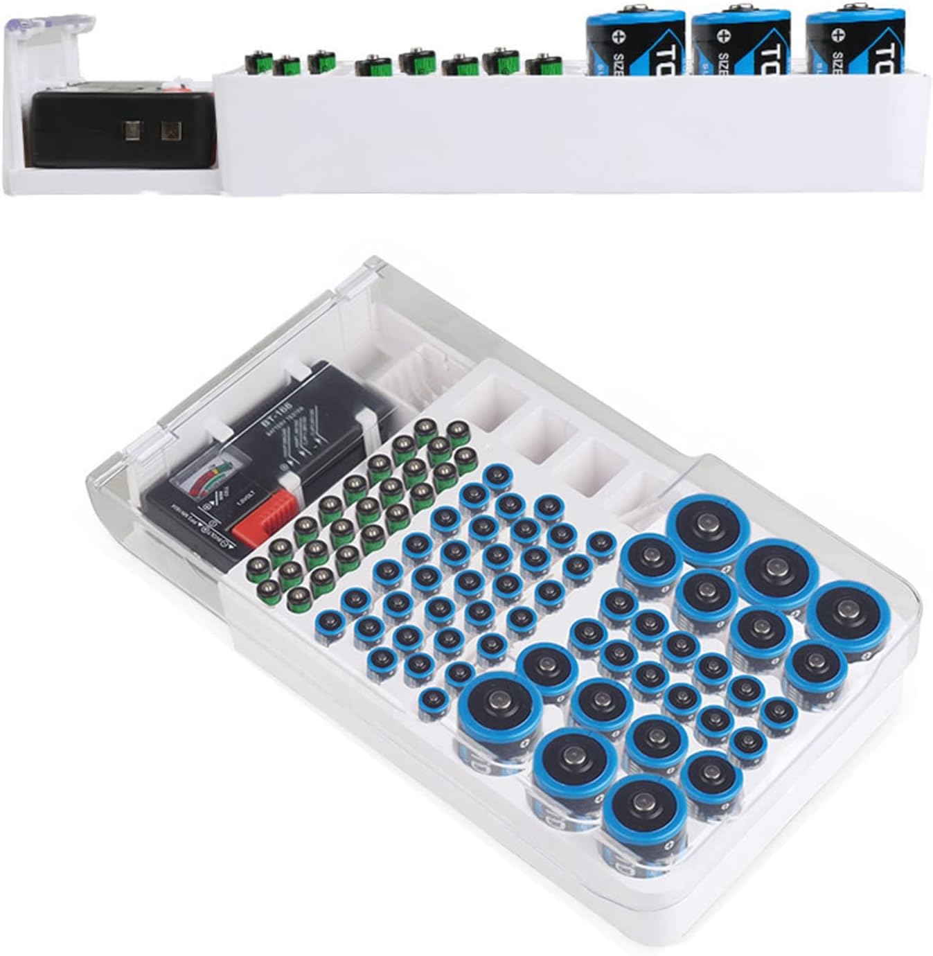 Versatile Battery Organizer with Tester, Original Wall-Mount Storage, Clear-Lid Mountable Storage Box for Secure Energy Cell Management