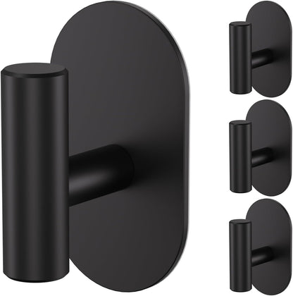 Aikzik Black Adhesive Hooks Heavy Duty-Max 26lb, Wall Hooks for Shower, Bathroom, Towel, Coat, Robe, Stainless Steel Hooks for Hanging, Sticky Hooks for Walls No Damage- 4 Pack