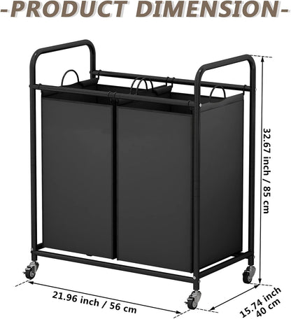 SUOERNUO Laundry Sorter Basket 2 Bag Laundry Hamper Cart with Rolling Lockable Wheels and Removable Bags Laundry Organizer Cart for Clothes Storage, Assorted