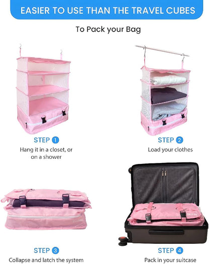 Grand Fusion Stow-N-Go Hanging Travel Shelves, Packing Organizer for Luggage. Carry on Closet for Suitcase. Expandable Packing Cube. Travel Essentials. (Black - L, L = (L) 11.8" x (W) 11.8")