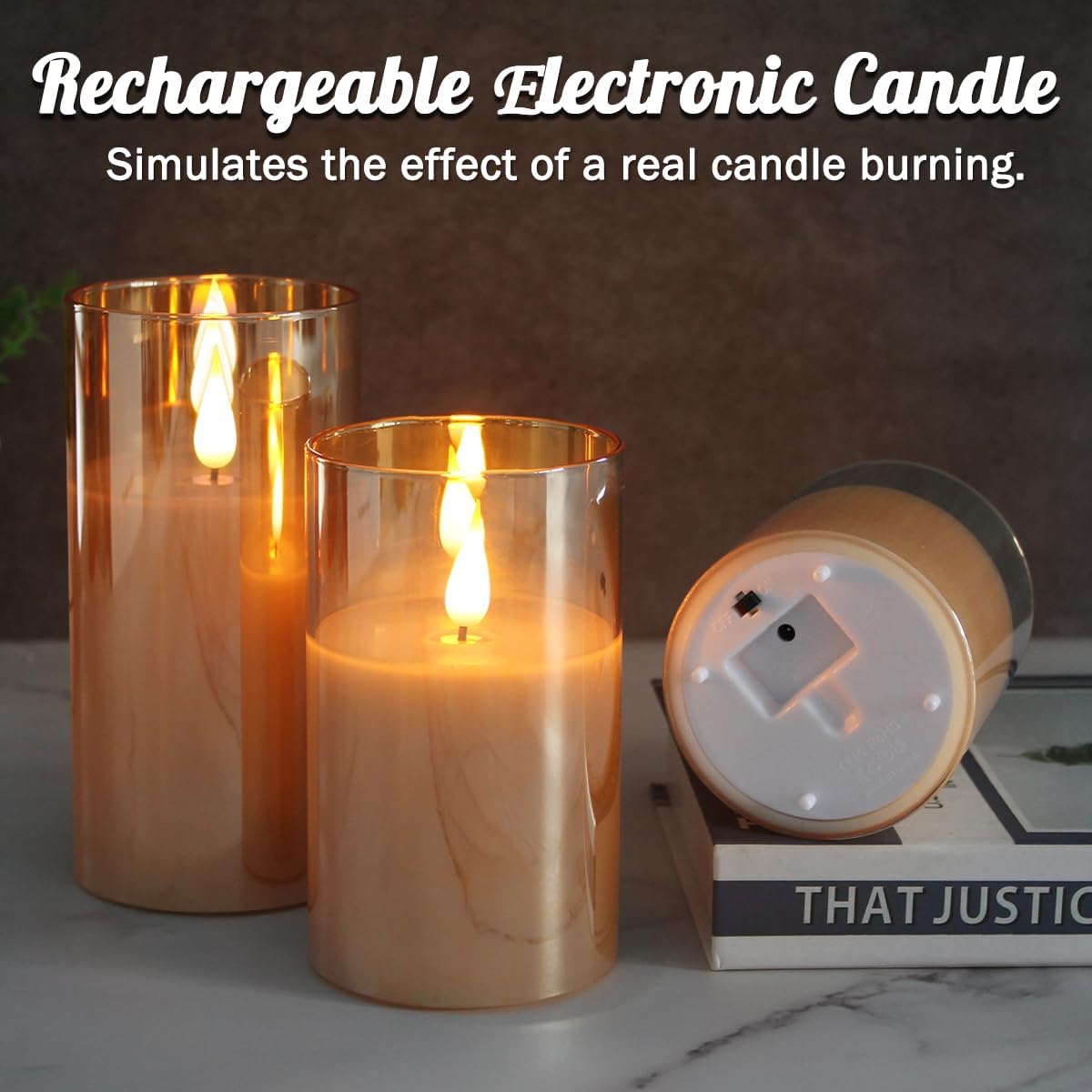 LEDHOLYT Rechargeable Flameless Glass Pillar Candles–Gifts for Women,–Set of 3, Realistic Flickering LED Light,Remote & Timer, Ideal for Living Room, Bedroom & Festival Wedding Home Party Decor