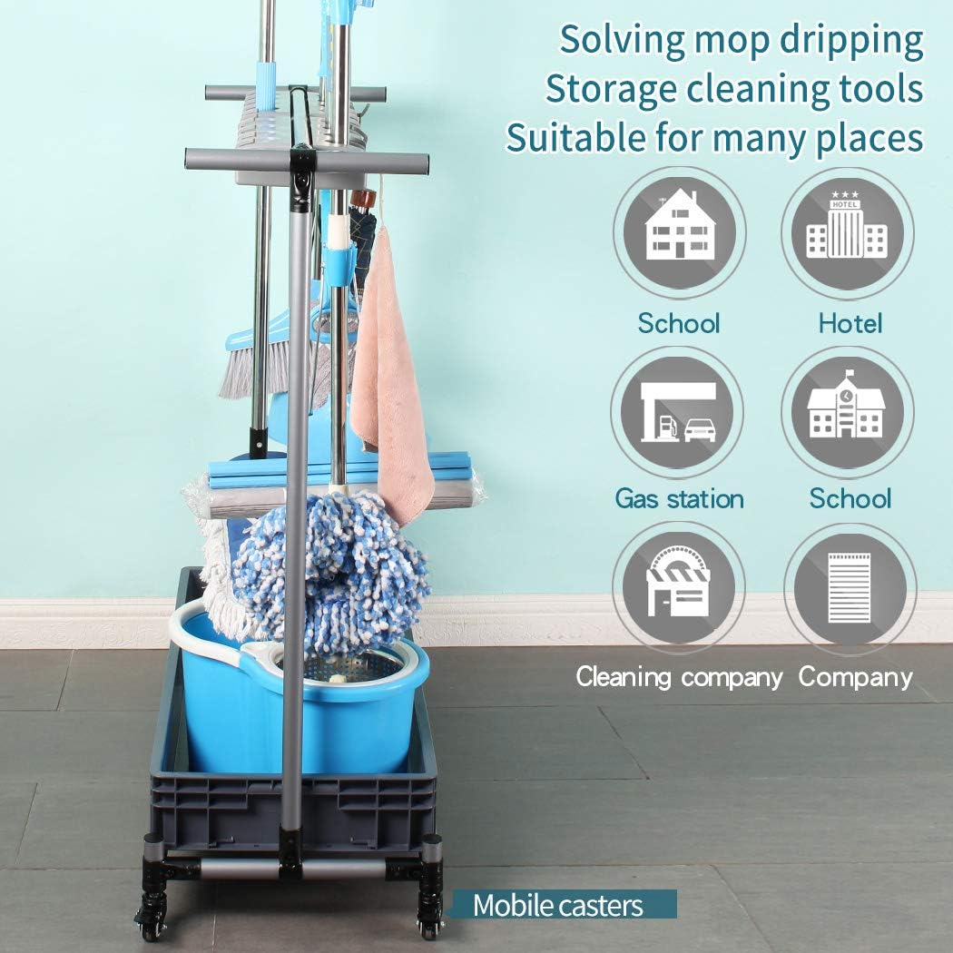 Broom And Mop Holder Put Wet Mops Movable Floor-Mounted Mop Rack Floor Standing Cleaning Tool Cart Storage For Garden Garage Schools, Hospitals, Factories, Hotels,Property Companies (12racks)