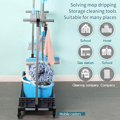 Broom And Mop Holder Put Wet Mops Movable Floor-Mounted Mop Rack Floor Standing Cleaning Tool Cart Storage For Garden Garage Schools, Hospitals, Factories, Hotels,Property Companies (12racks)
