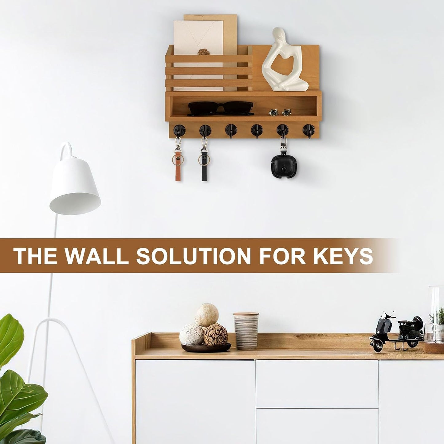 Key and Mail Holder Wall Mount, Key Hanger with Long Storage Box and 5 Hooks for Coat, Dog Leash, Home Decor Rack, House Accessories, Entry Way Organizer 11.8”W x 7.8”H x 3.2”D