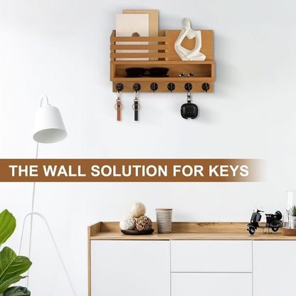 Key and Mail Holder Wall Mount, Key Hanger with Long Storage Box and 5 Hooks for Coat, Dog Leash, Home Decor Rack, House Accessories, Entry Way Organizer 11.8”W x 7.8”H x 3.2”D
