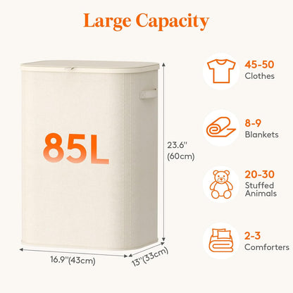 Lifewit 165L Large Laundry Basket with Lid, Laundry Hamper with Plastic Handles and Removable Bag, Foldable Tall Dirty Clothes Hampers for Laundry for Laundry Room, Bedroom, Bathroom, Dorm, Beige