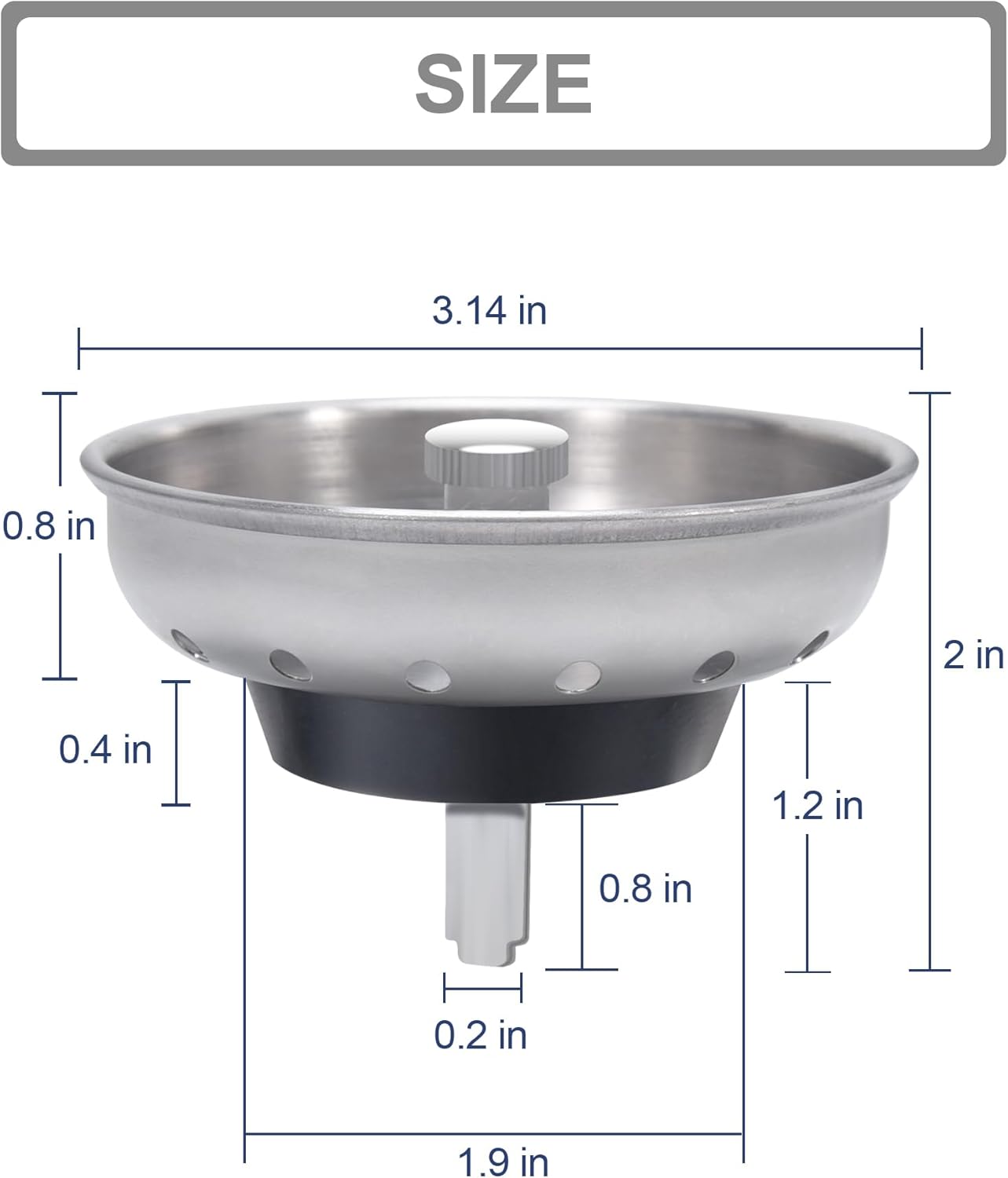 KONE 2PCS Kitchen Sink Basket Strainer Replacement for 3-1/2 Inch Standard Drains Brushed Stainless Steel Body Metal Center Knob with Rubber Stopper
