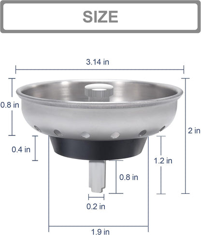 KONE 2PCS Kitchen Sink Basket Strainer Replacement for 3-1/2 Inch Standard Drains Brushed Stainless Steel Body Metal Center Knob with Rubber Stopper