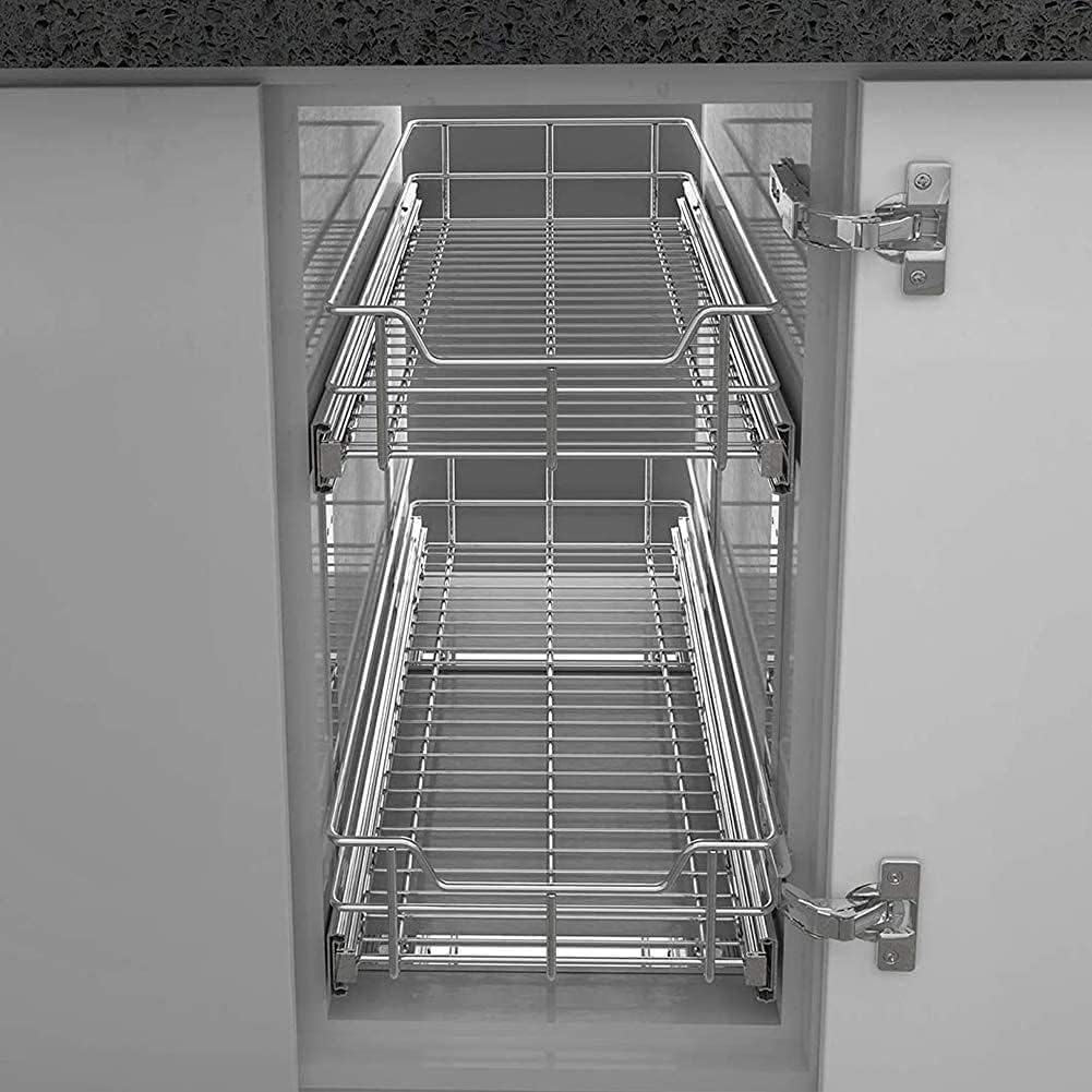 2 Tier Pull Out Cabinet Organizer 11" W X 22" D, Slide Out Drawers For Kitchen Cabinets, Pull Out Drawers For Cabinets Capacity Heavy Duty Caddy, Cabinet Pullout Shelves Chrome-Plated, Bathroom Pantry