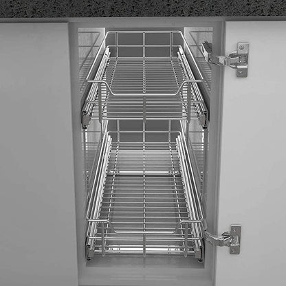 2 Tier Pull Out Cabinet Organizer 11" W X 22" D, Slide Out Drawers For Kitchen Cabinets, Pull Out Drawers For Cabinets Capacity Heavy Duty Caddy, Cabinet Pullout Shelves Chrome-Plated, Bathroom Pantry