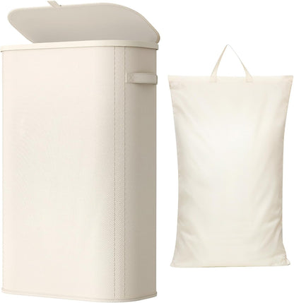 Lifewit Slim Laundry Basket with Lid, Narrow Laundry Hamper with Plastic Handles and Removable Bag, Tall Foldable Dirty Clothes Hampers for Laundry Room, Bedroom, Bathroom, Dorm, 65L Beige