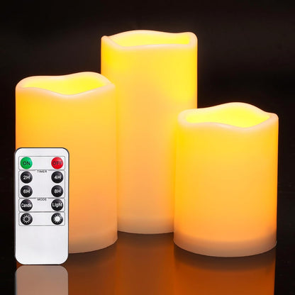 Homemory 3 Pack Flameless Candles, Outdoor Waterproof, Battery Operated LED Pillar Candles with Remote Control and Timer, Plastic, Long Lasting，4”5”6”