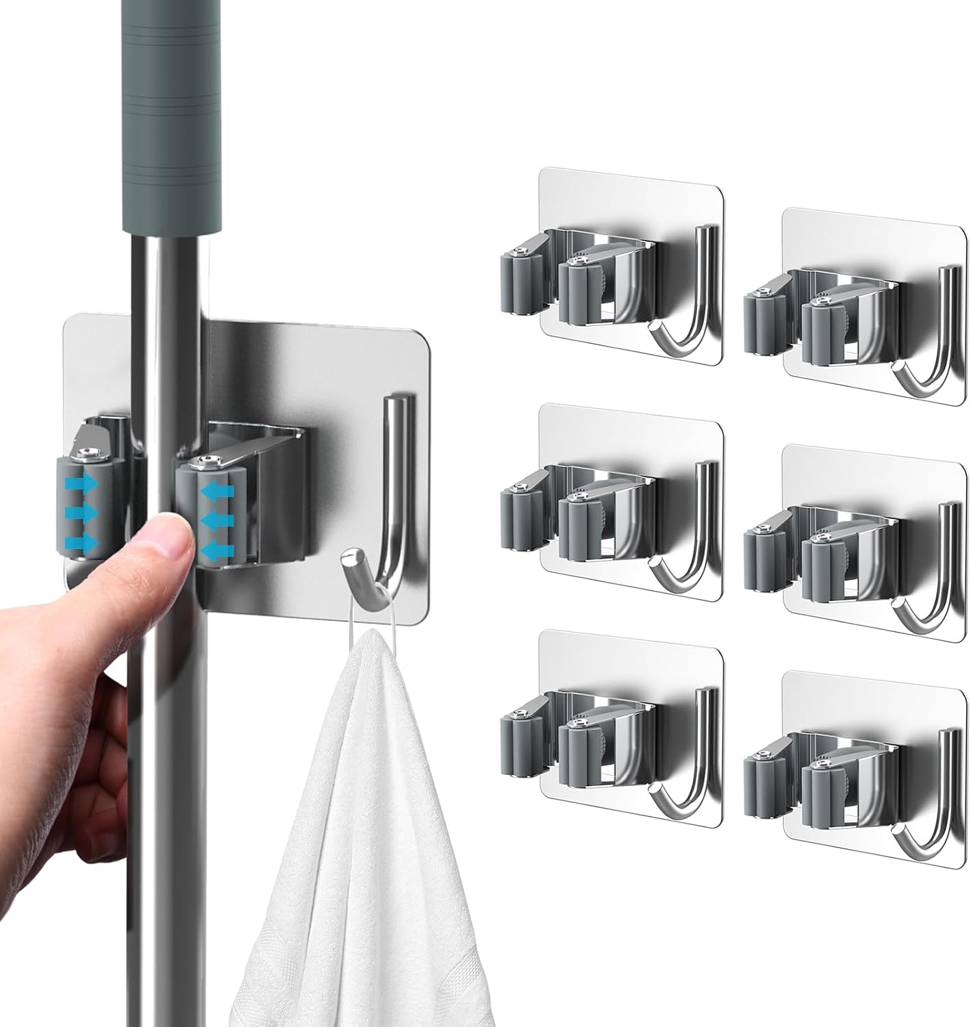 homeasy Mop Broom Holder No Drill, Mop Broom Organizer Wall Mounted Heavy Duty with Hooks Hanger, Self Adhesive Stainless Steel 4Pcs for Bathroom, Kitchen, Office (Silver)