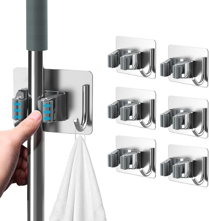 homeasy Mop Broom Holder No Drill, Mop Broom Organizer Wall Mounted Heavy Duty with Hooks Hanger, Self Adhesive Stainless Steel 4Pcs for Bathroom, Kitchen, Office (Silver)