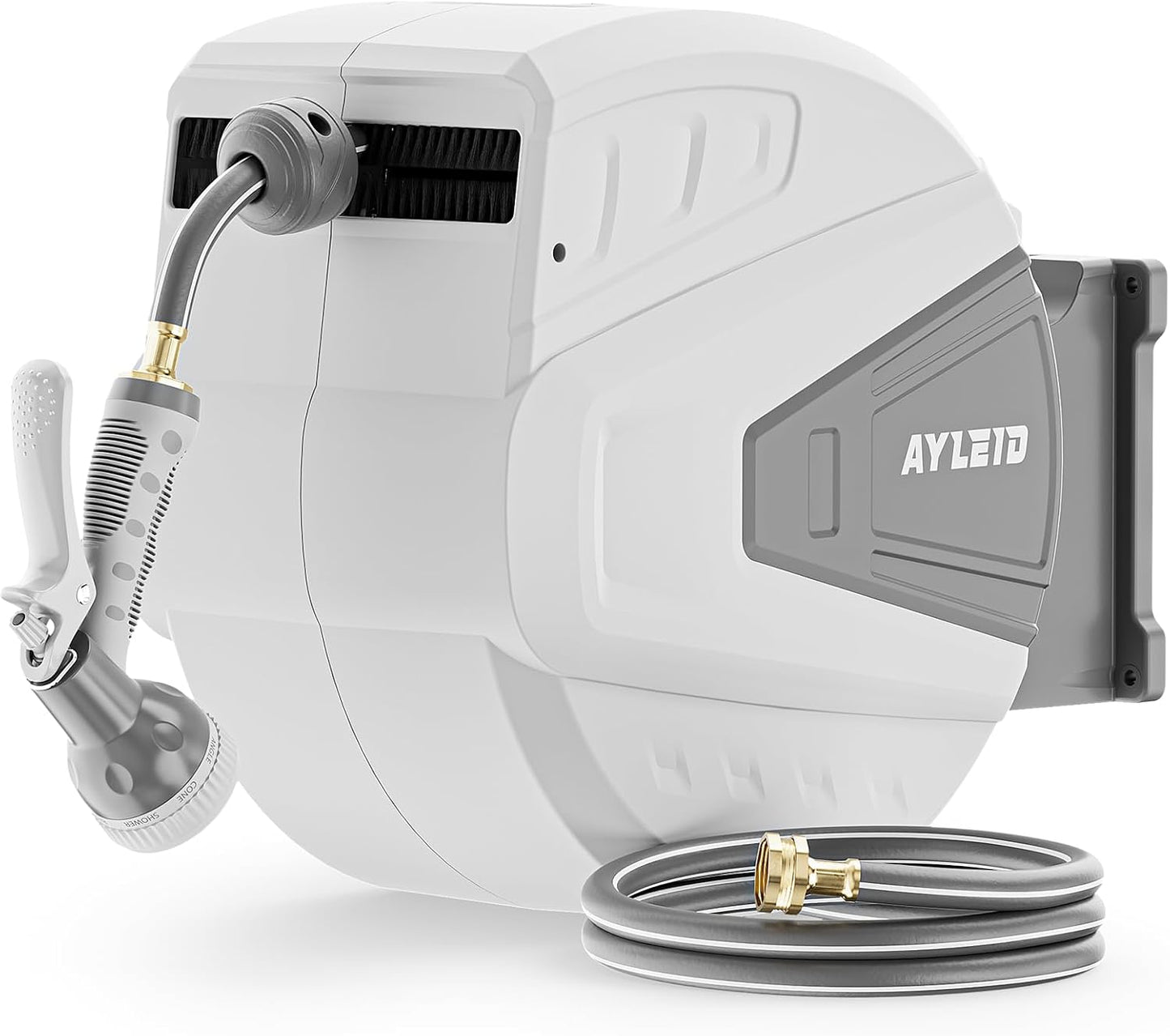Ayleid Retractable Rubber Hybrid Garden Hose Reel, 1/2"x100ft Wall Mount | Anti-freeze, kink-free premium rubber hybrid hose, 24-month warranty, 9-pattern sprayer, any-length lock, slow auto-return.