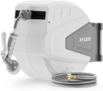 Ayleid Retractable Rubber Hybrid Garden Hose Reel, 1/2"x100ft Wall Mount | Anti-freeze, kink-free premium rubber hybrid hose, 24-month warranty, 9-pattern sprayer, any-length lock, slow auto-return.