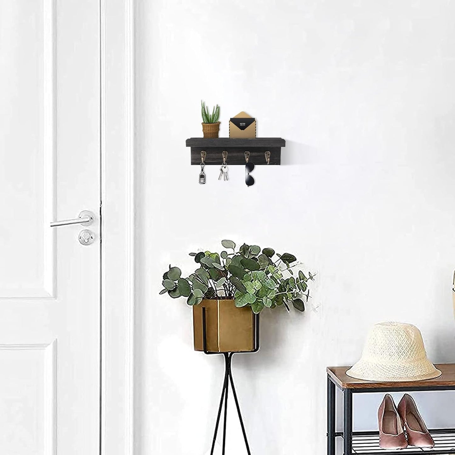 HRONRAD Rustic Key Holder for Wall, Farmhouse Wall Shelf with 4 Hooks, Wall Mounted Key Racks, Wooden Mail Organizer with Hooks for Entryway (Brown)