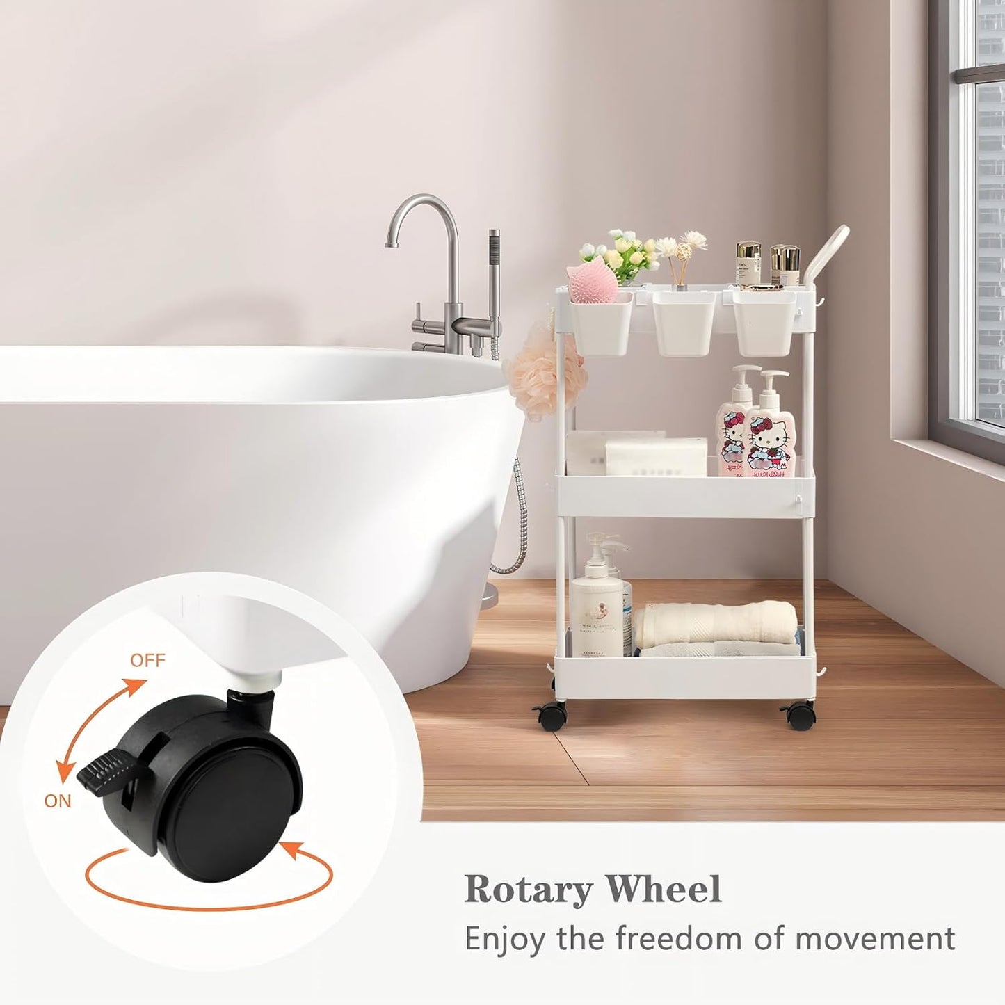 danpinera Storage Cart on Wheels, 3 Tier Slim Laundry with Wheels Bathroom Organizer with Hanging Cups Hooks Dividers Handle Mobile Rolling Art Cart for Bathroom Kitchen Narrow Places, White