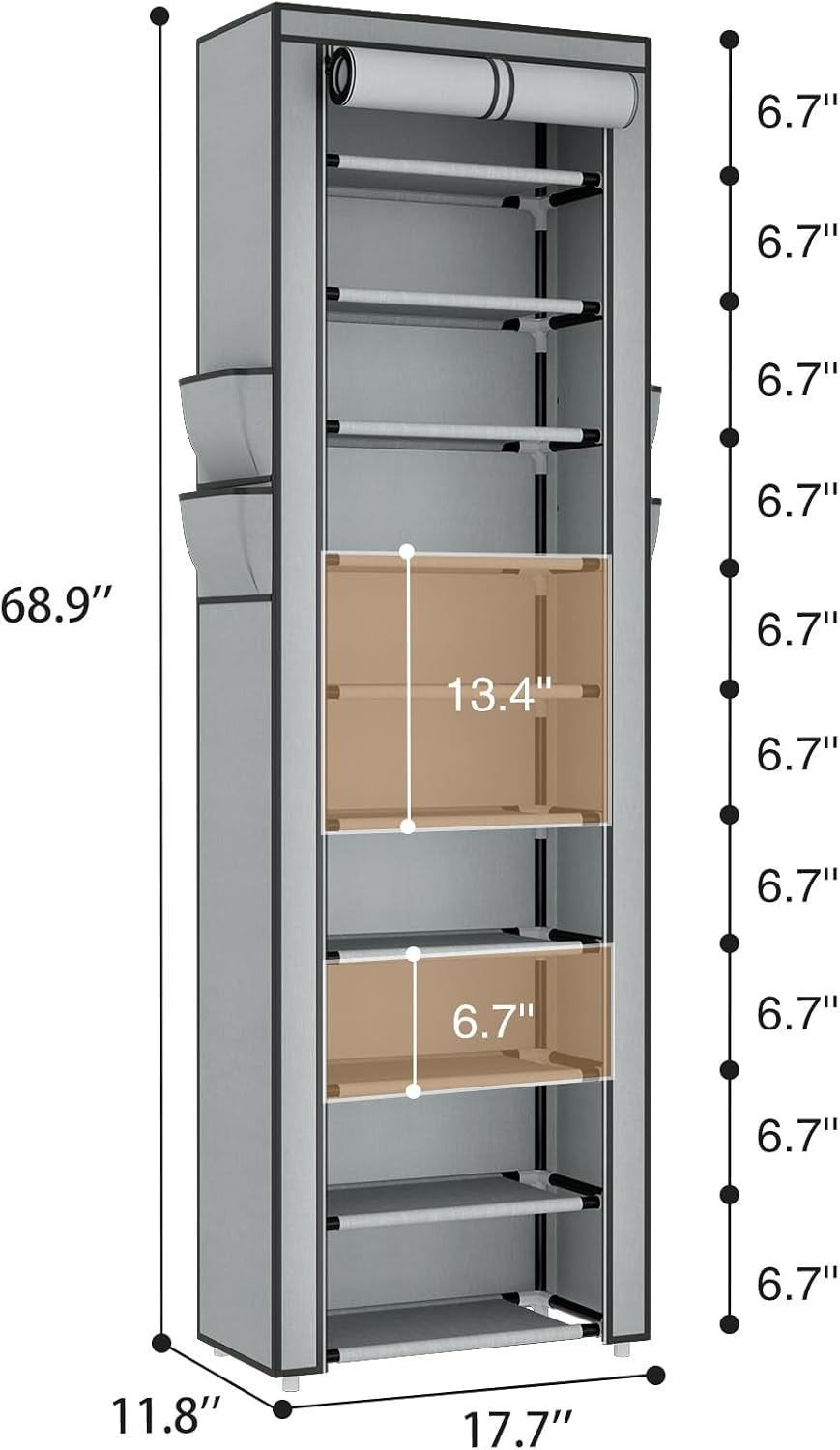 ROJASOP 10 Tier Shoe Rack with Covers,Large Capacity Stackable Tall Shoe Shelf Storage to 50-55 Pairs Shoes and Boots Sturdy Metal Free Standing Shoe Rack Organizer for Closet Entryway Garage