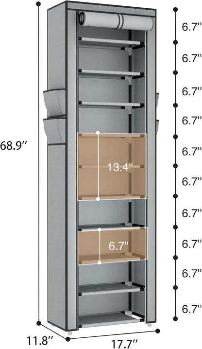 ROJASOP 10 Tier Shoe Rack with Covers,Large Capacity Stackable Tall Shoe Shelf Storage to 50-55 Pairs Shoes and Boots Sturdy Metal Free Standing Shoe Rack Organizer for Closet Entryway Garage
