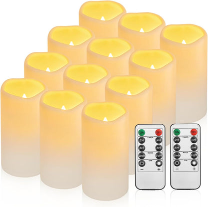 Waterproof Flameless Remote Control Candles 2PACK(D3''*H5.5'')Battery Operated Flickering LED Pillar Candle,plastic with 10-Key 24Hours Timer for Outdoor/Indoor Party Garden Lanterns Porch Ivory