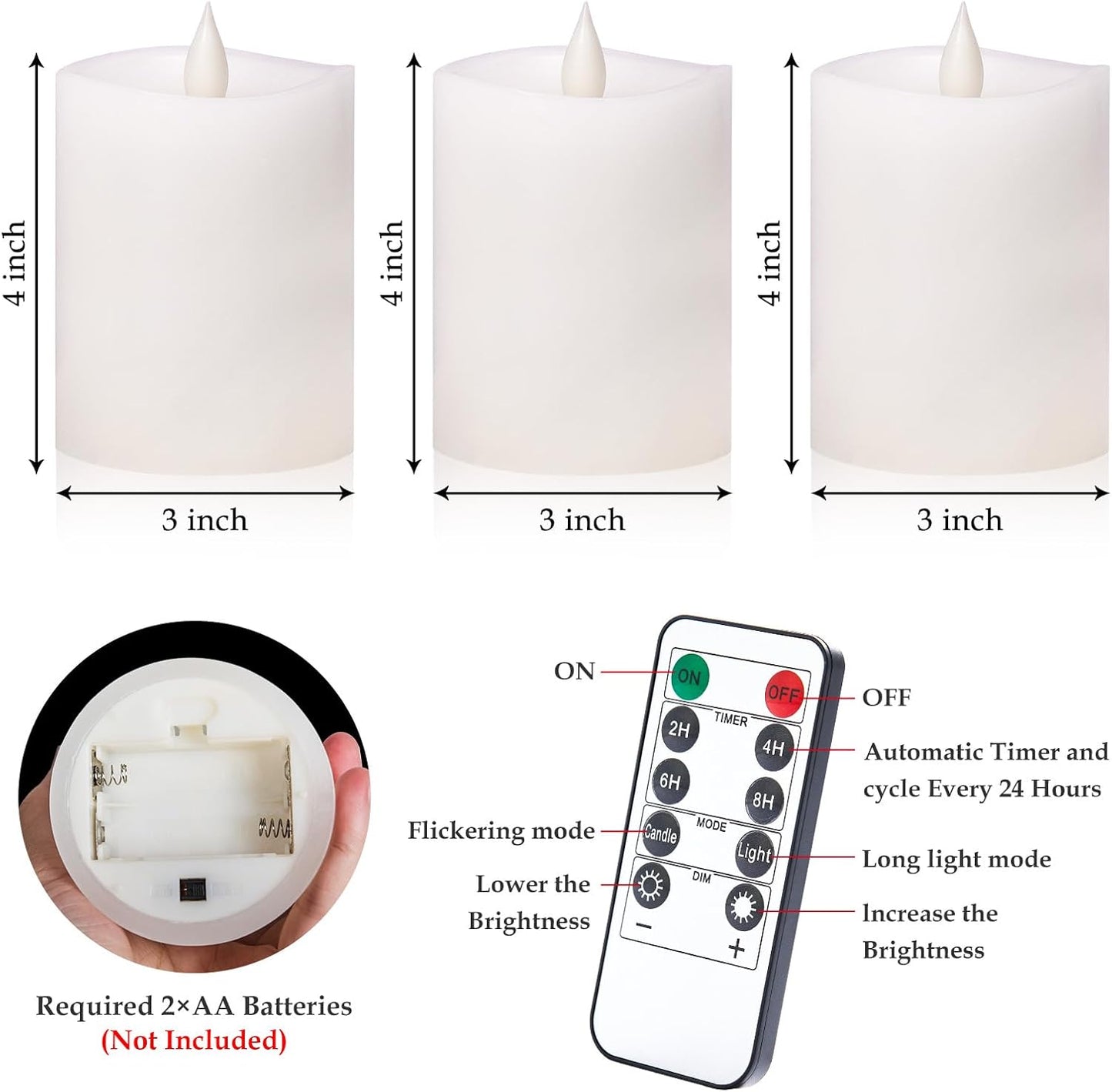 3"x4" Flickering Flameless Battery Candles with Timer, White Realistic LED Pillar Candles, Set of 2 Large Remote-Operated Candles for Home Indoor/Outdoor & Holiday Decor
