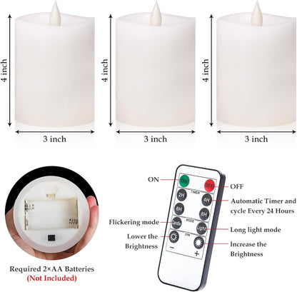 3"x4" Flickering Flameless Battery Candles with Timer, White Realistic LED Pillar Candles, Set of 2 Large Remote-Operated Candles for Home Indoor/Outdoor & Holiday Decor
