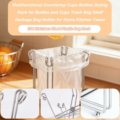 Kitchen Stand Holder 304 Stainless Steel Plastic Bag Rack Multifunctional Countertop Cups Bottles Drying Rack for Bottles and Cups Trash Bag Shelf Garbage Bag Holder for Home Kitchen Tower