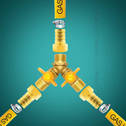 brass 3/4 inch O.D. barb three way shut off ball valve for gas hose air water pvc pex garden tubing fuel line, tee switch splitter fitting