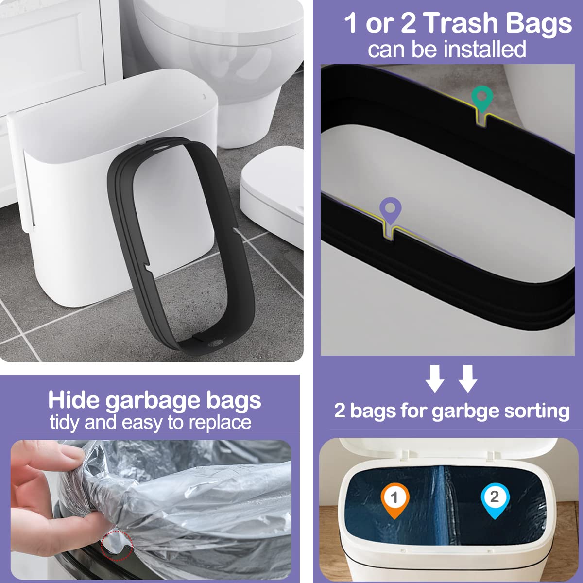 3.7 Gallons Bathroom Trash Can and Toilet Brush Set, 14 Liter Slim Trash Can with Toilet Brush Holder Set for RV, Black lid
