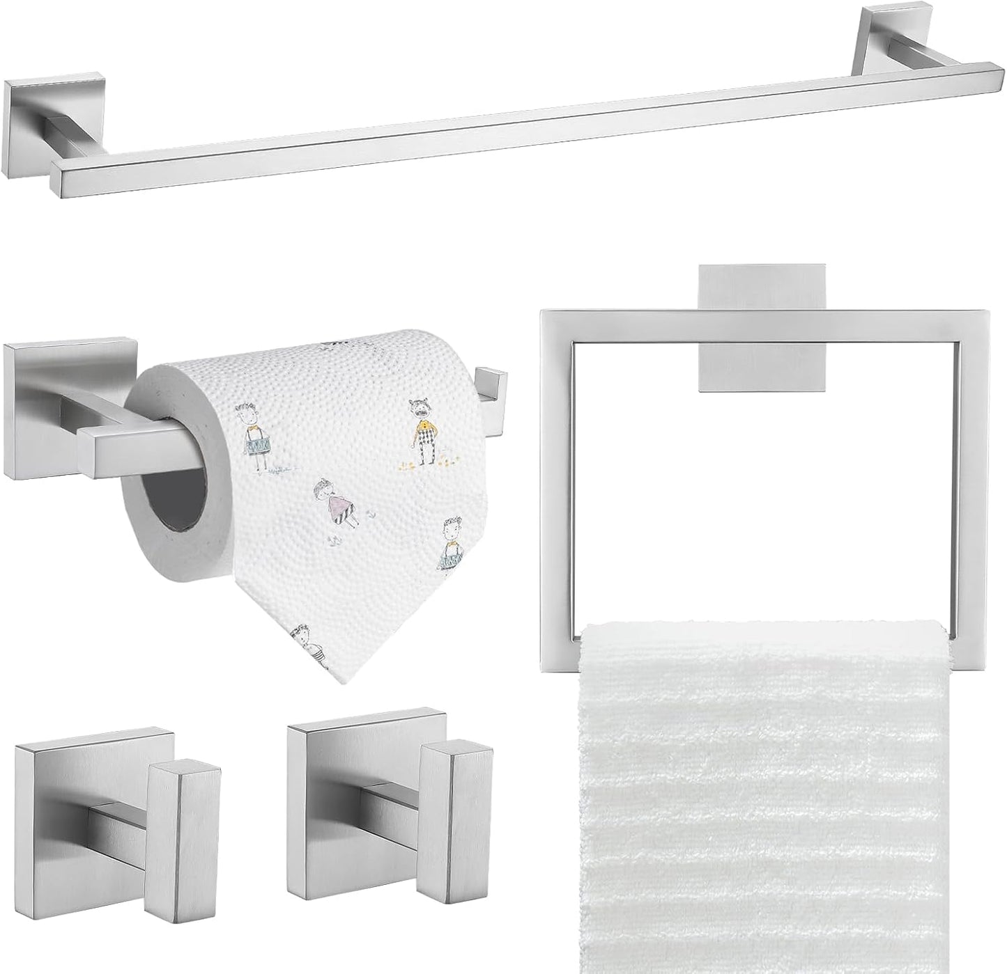 TQKAG Brushed Gold Bathroom Hardware Accessories Set 10 Pieces, 23.6" SUS304 Stainless Steel Towel Bar Set Wall Mounted Includes Single Towel Bar, Towel Ring, Toilet Paper Holder, Double Towel Hooks