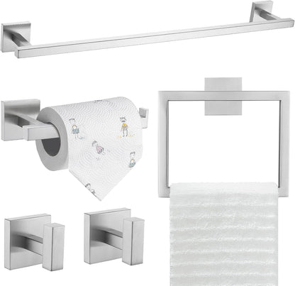 TQKAG Brushed Gold Bathroom Hardware Accessories Set 10 Pieces, 23.6" SUS304 Stainless Steel Towel Bar Set Wall Mounted Includes Single Towel Bar, Towel Ring, Toilet Paper Holder, Double Towel Hooks