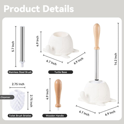 Toilet Brush and Holder Set, Ceramic Turtle Base Toilet Brush Set - 7.5” Bowl Cleaner, Toilet Scrubber Brush with Ergonomic Handle (Silver)