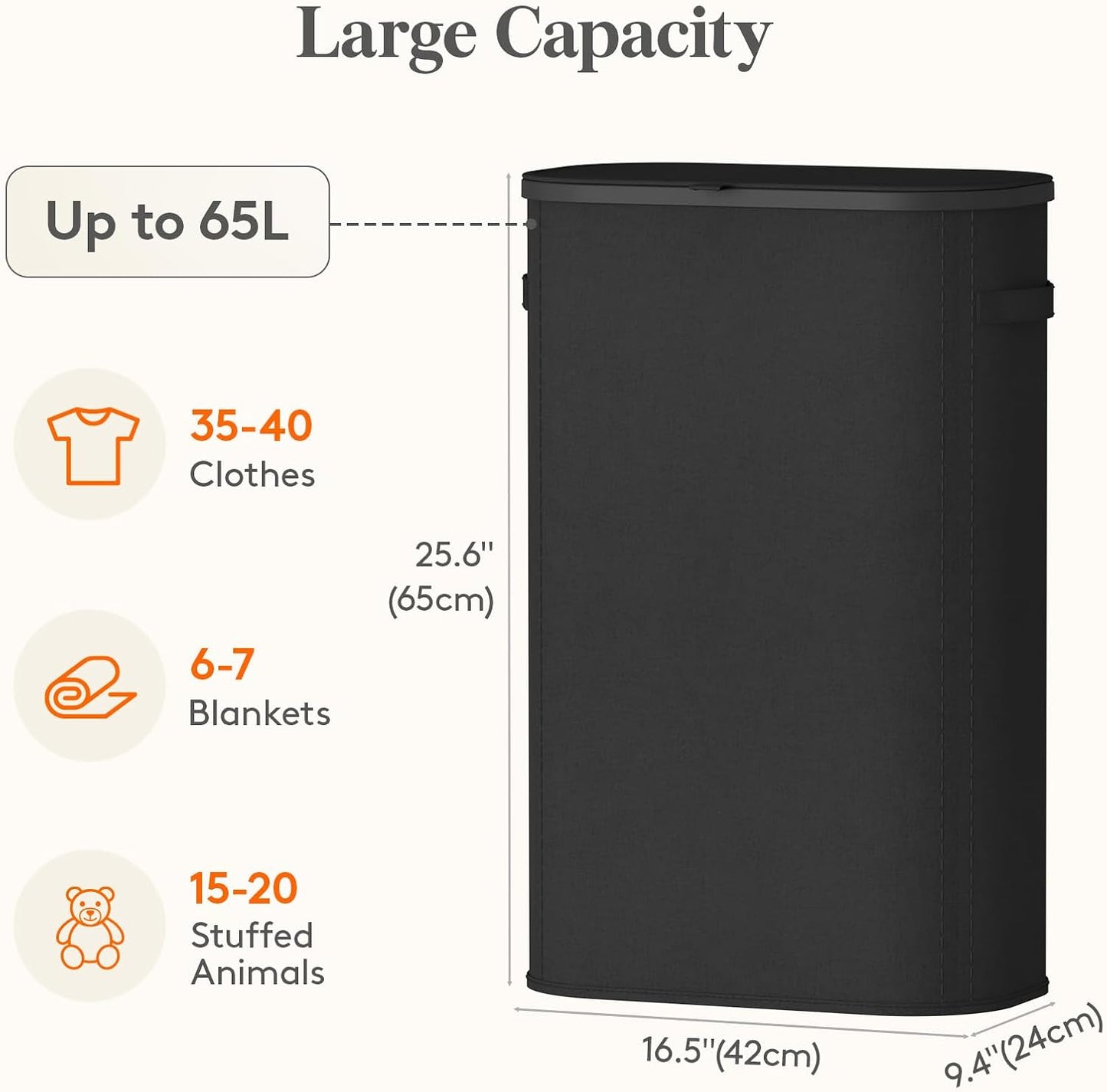 Lifewit Slim Laundry Basket with Lid, Narrow Laundry Hamper with Plastic Handles and Removable Bag, Tall Foldable Dirty Clothes Hampers for Laundry Room, Bedroom, Bathroom, Dorm, 65L Beige