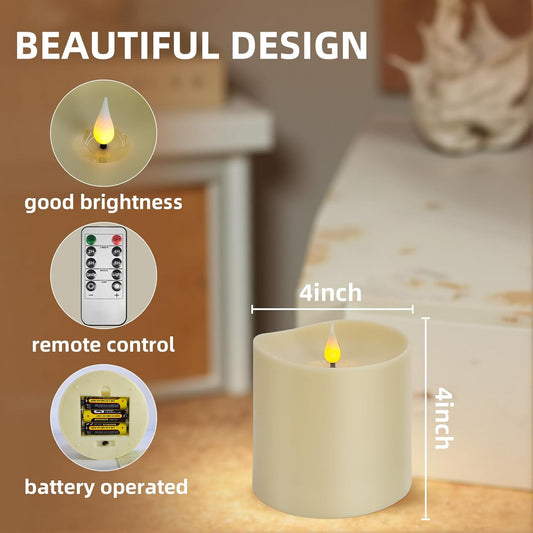 Set of 2 Flameless LED Candles with 2 Remotes, 4x6 Inch Battery Powered Plastic Pillar Candles, Flickering Flame with Timer & Dimming, Ivory – Elegant, Safe Lighting for Home, Wedding, Holiday