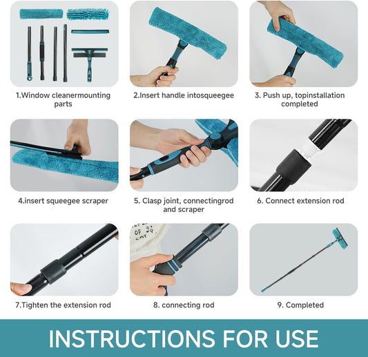 Buysenton Professional 2-in-1 Window Squeegee Cleaner Tool with 62" Extension Pole, Rotatable Bendable Head & Scrubber, Car Glass Cleaning Kit for Windows, Shower, Gas Station - 1 Blade 2 Scrubber