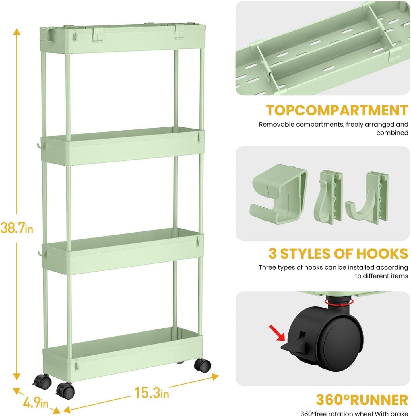 SPACELEAD Slim Storage Cart 4 Tier,Bathroom Organizer Rolling Utility, Mobile Shelving Unit Slide Out for Office, Kitchen, Laundry Room & Narrow Places,White