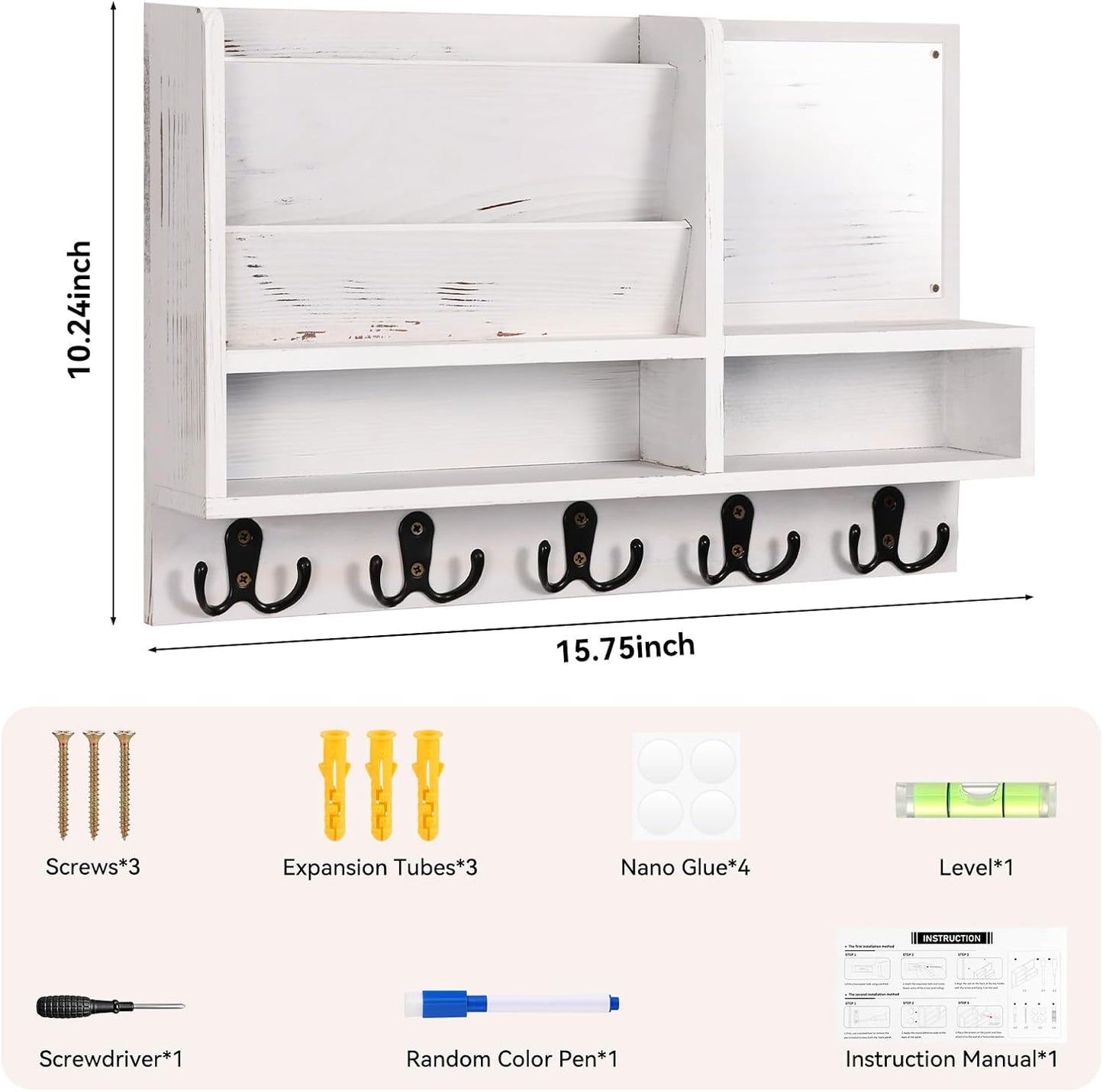 Key Holder Wall Mount, Mail Organizer Wall Mounted, Solid Wood Key Holder for Wall Living Room Entryway Home Decor, with 10 Key Hooks, Shelf, Marker Pen, 15.7" x 10.2" x 2.8"