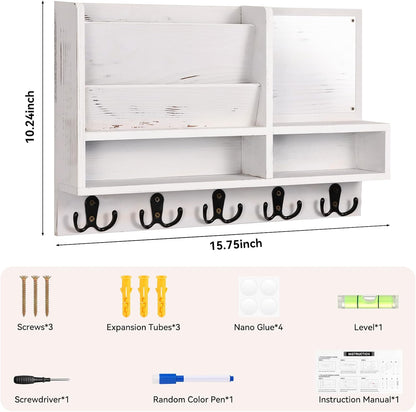Key Holder Wall Mount, Mail Organizer Wall Mounted, Solid Wood Key Holder for Wall Living Room Entryway Home Decor, with 10 Key Hooks, Shelf, Marker Pen, 15.7" x 10.2" x 2.8"