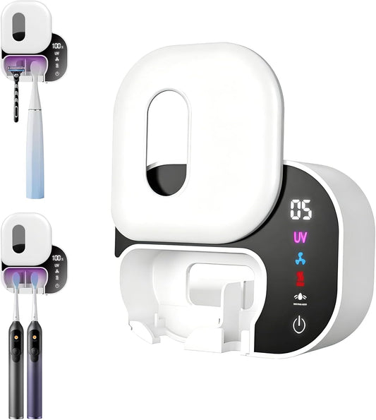 Upgraded Toothbrush Cleaner Holder Wall Mounted, Razor Electric Toothbrush Holder for Bathroom, LED Smart Screen, with Auto-Inductive Cover, Air Drying and 60-Degree Drying, for Home, Travel
